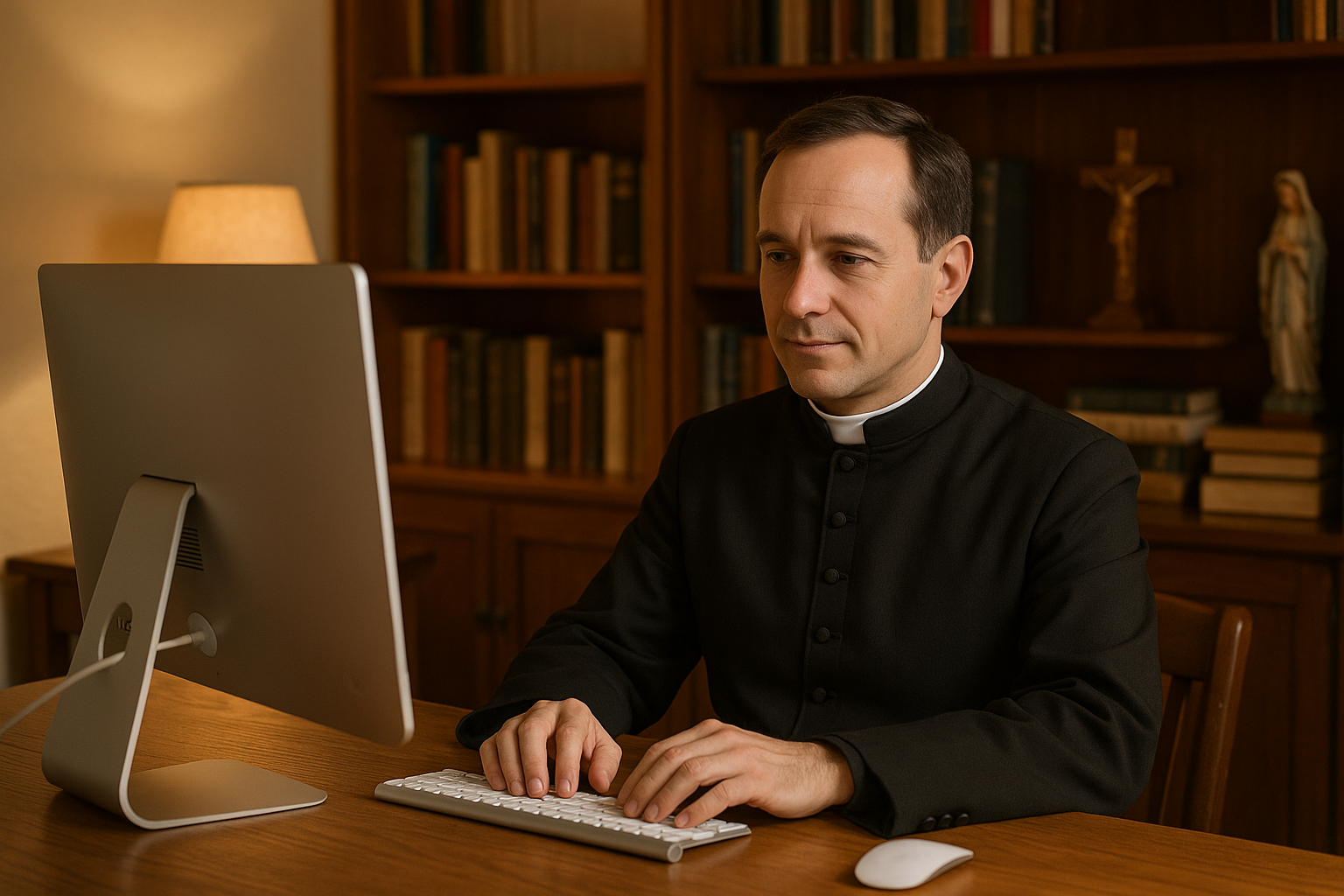 a catholic priest on a computer at a desk