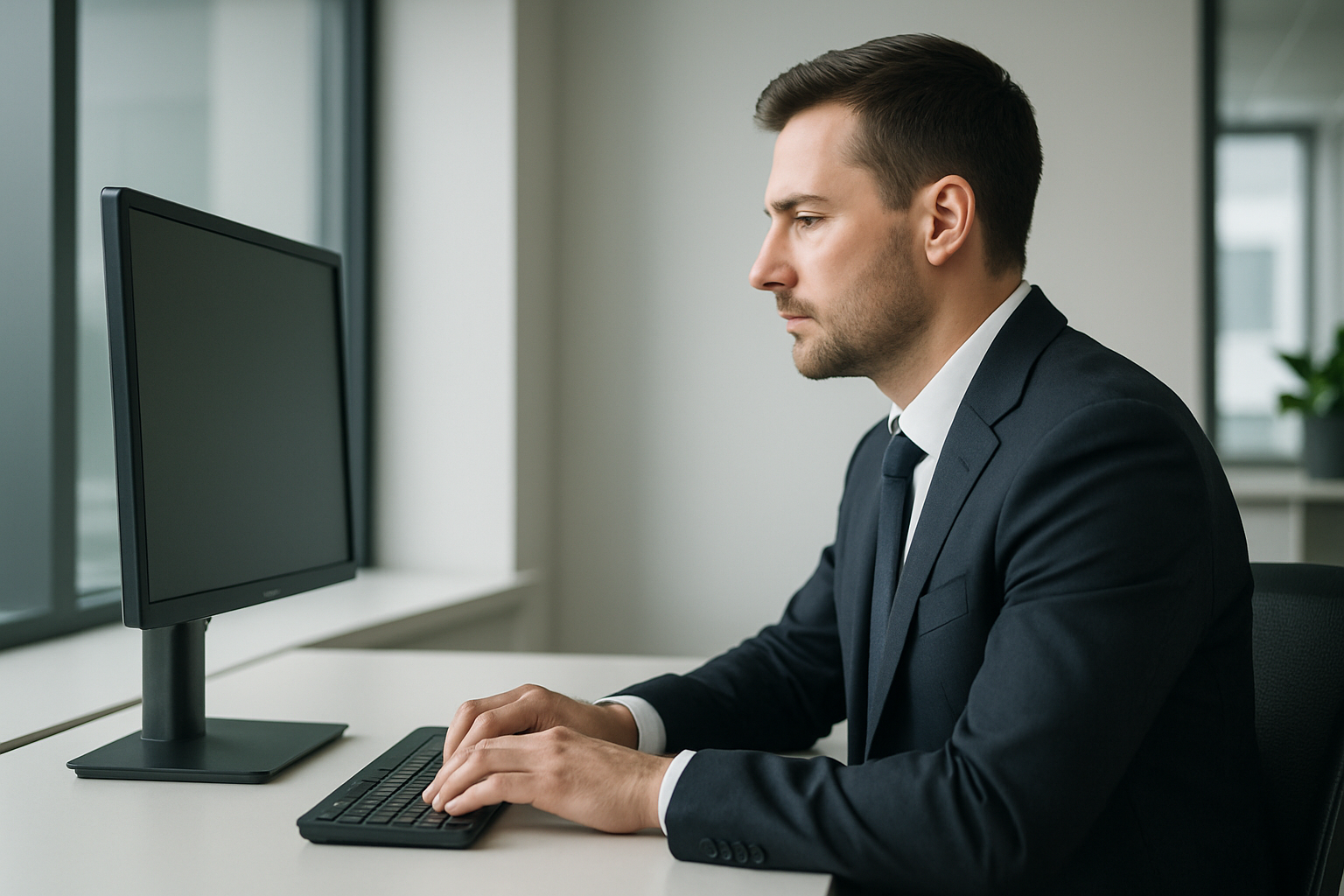 side view of a business man in suit on computer 